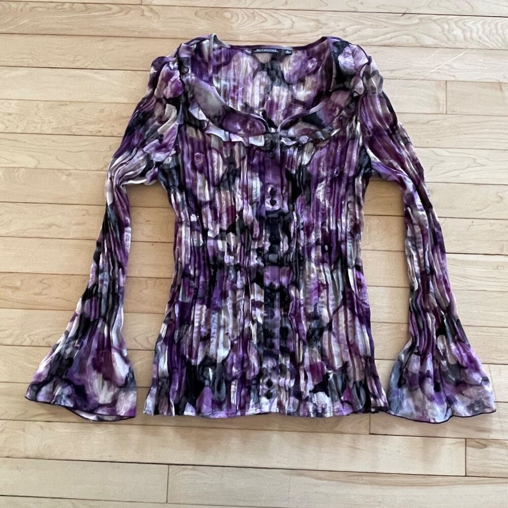 VTG Y2K Crinkle Gold Metallic Bell Sleeve Blouse Purple S Fairycore Artist - Picture 1 of 9